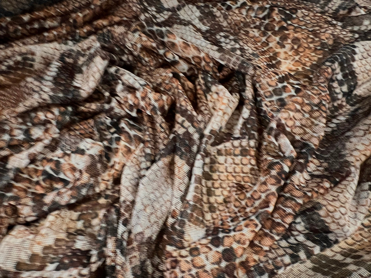 Power mesh net stretch spandex fabric, per metre - snakeskin animal print - brown