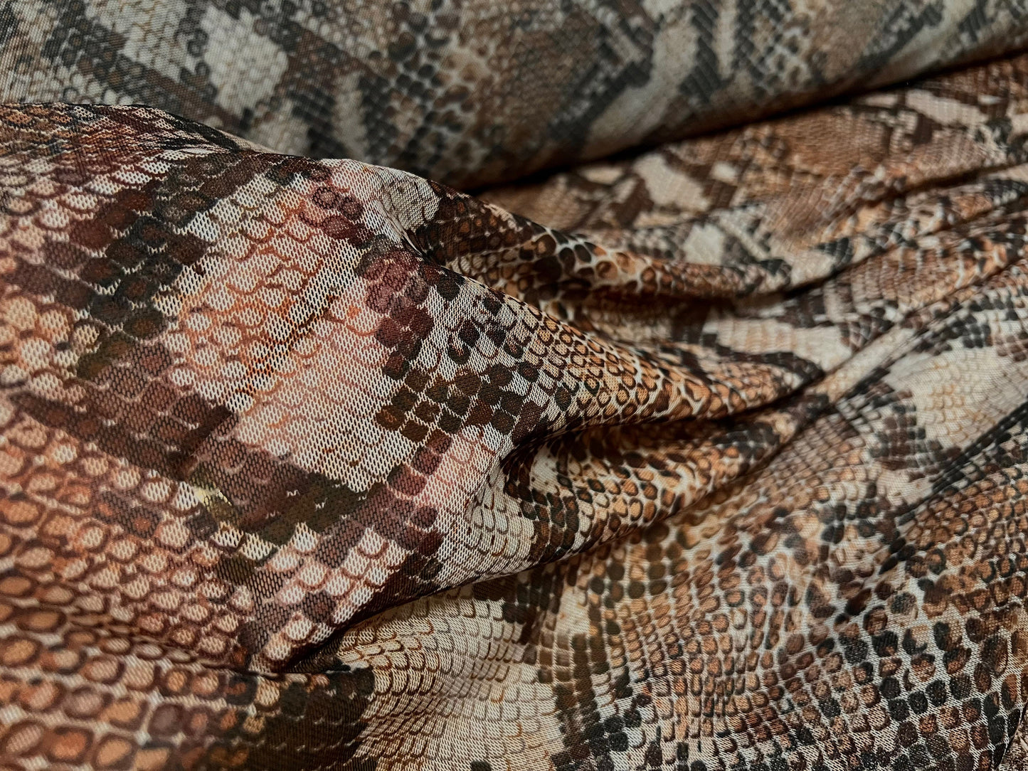 Power mesh net stretch spandex fabric, per metre - snakeskin animal print - brown