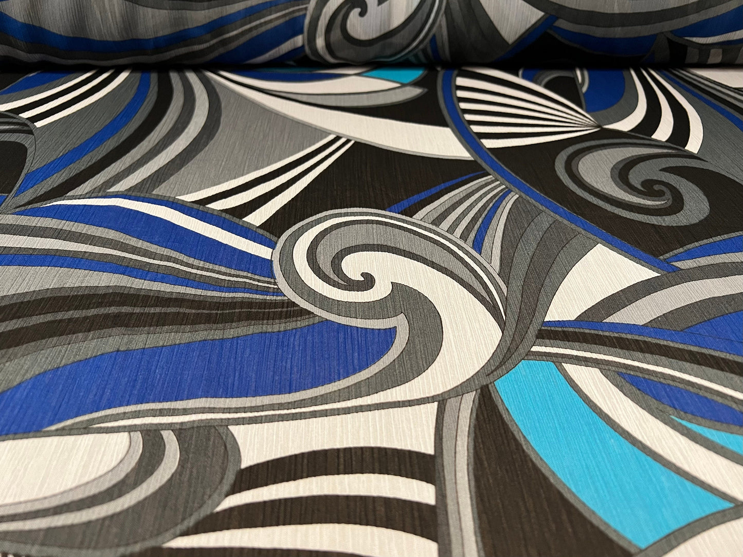 Printed chiffon yoryu dress blouse fabric, per metre - retro swirl print - turquoise blue & black