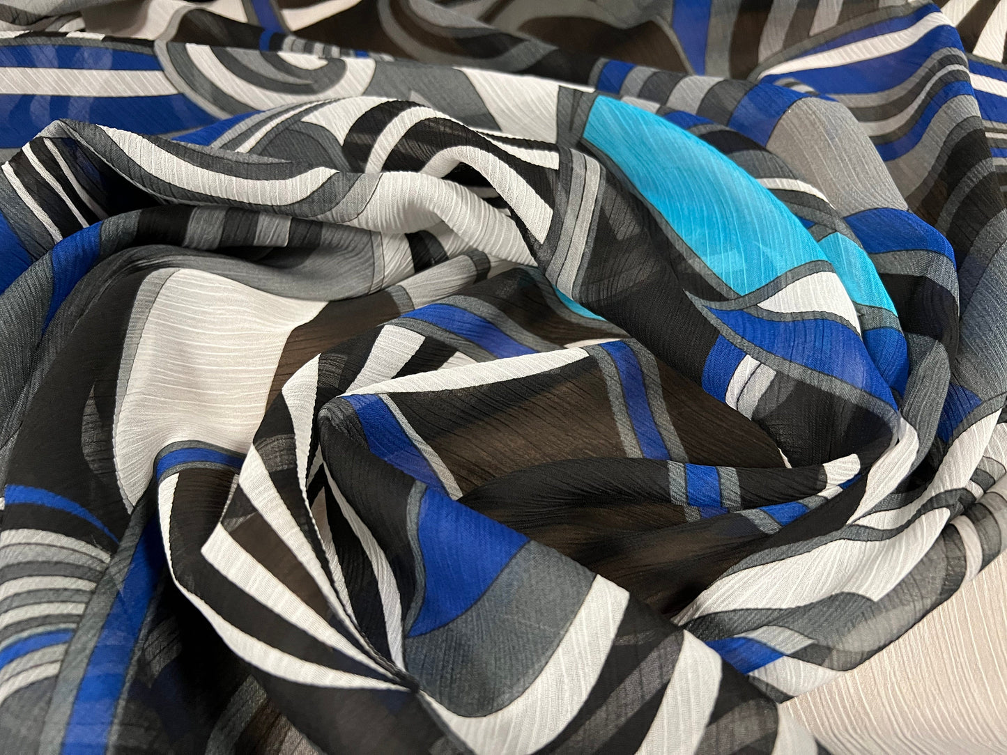 Printed chiffon yoryu dress blouse fabric, per metre - retro swirl print - turquoise blue & black