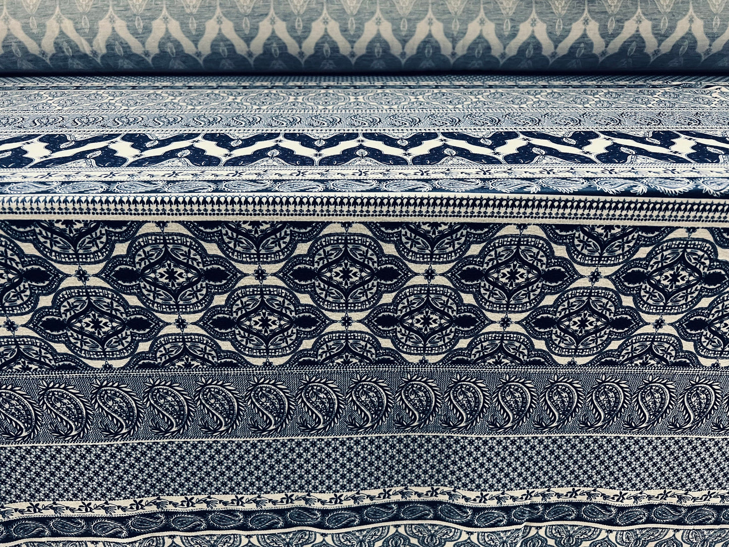 Soft handle stretch spandex single jersey fabric, per metre - Moroccan paisley stripe print - blue
