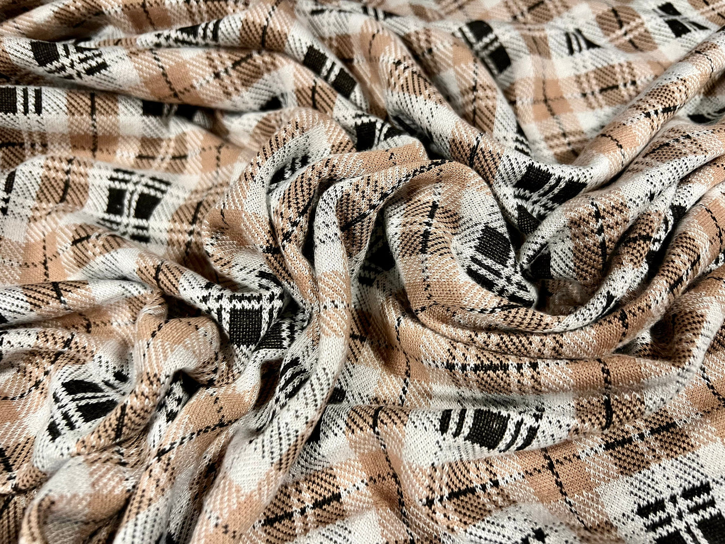 Double jersey spandex knit jersey fabric, per metre - check jacquard - light brown