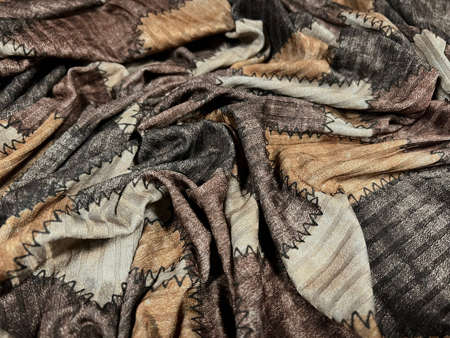 Recycled Spandex rib stretch jersey fabric, per metre - patchwork print - brown grey