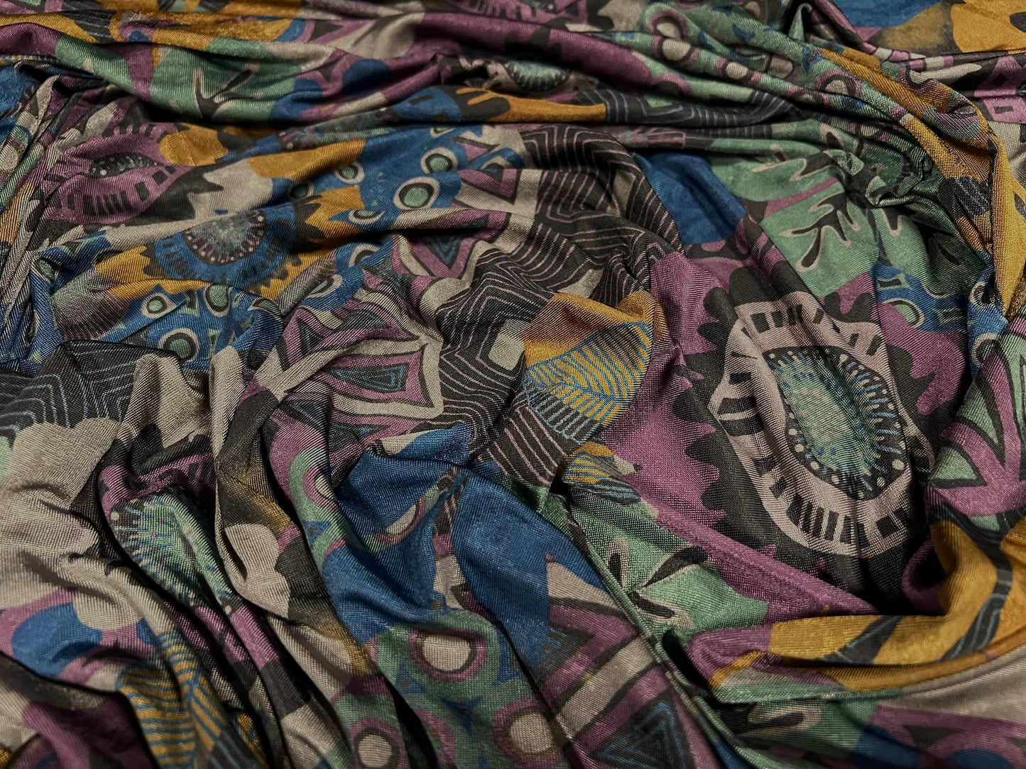 Lightweight Disco stretch spandex jersey fabric, per metre - flower print - purple green mustard