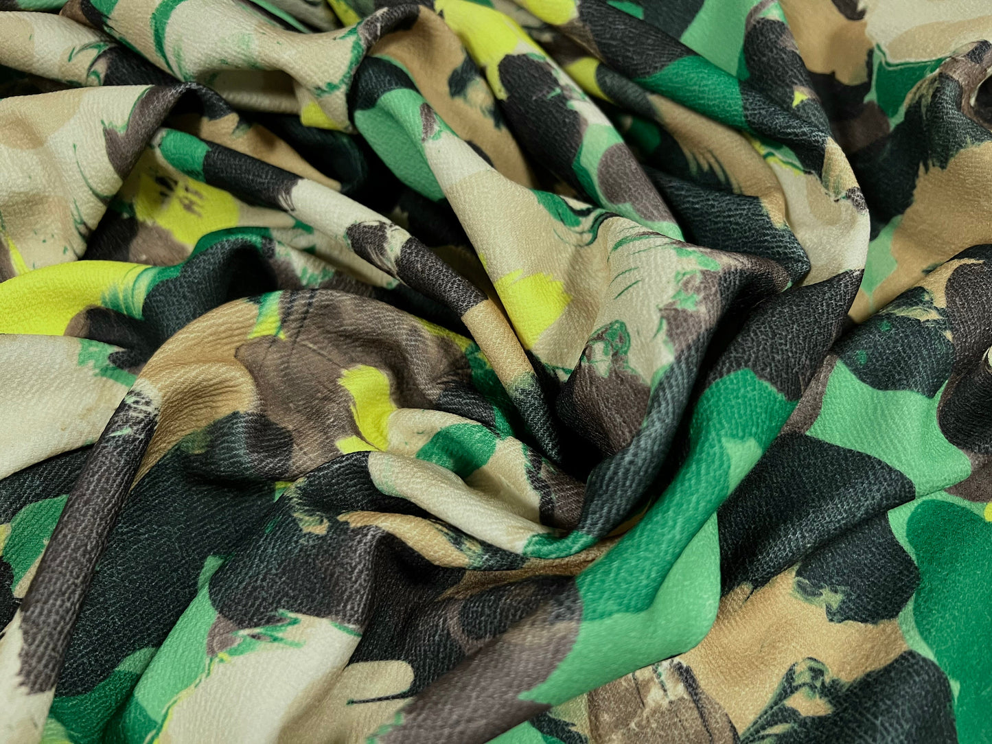 Scuba textured ‘Liverpool’ stretch spandex jersey fabric, per metre - stylised camouflage print - green & tan