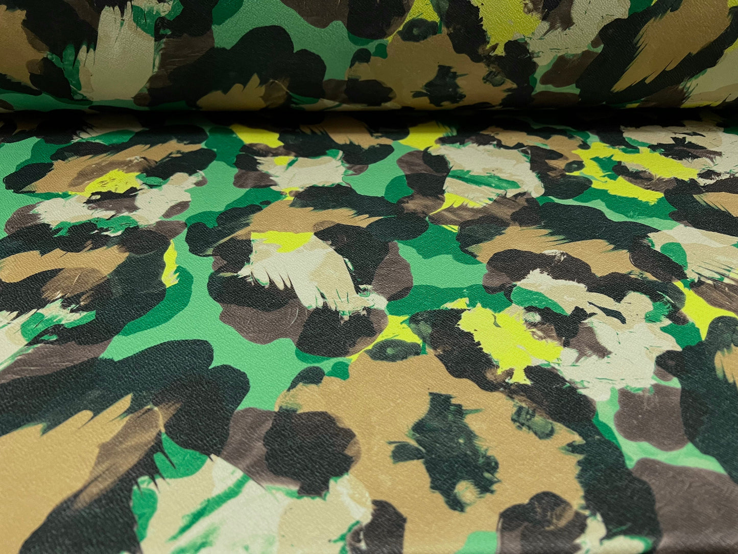 Scuba textured ‘Liverpool’ stretch spandex jersey fabric, per metre - stylised camouflage print - green & tan