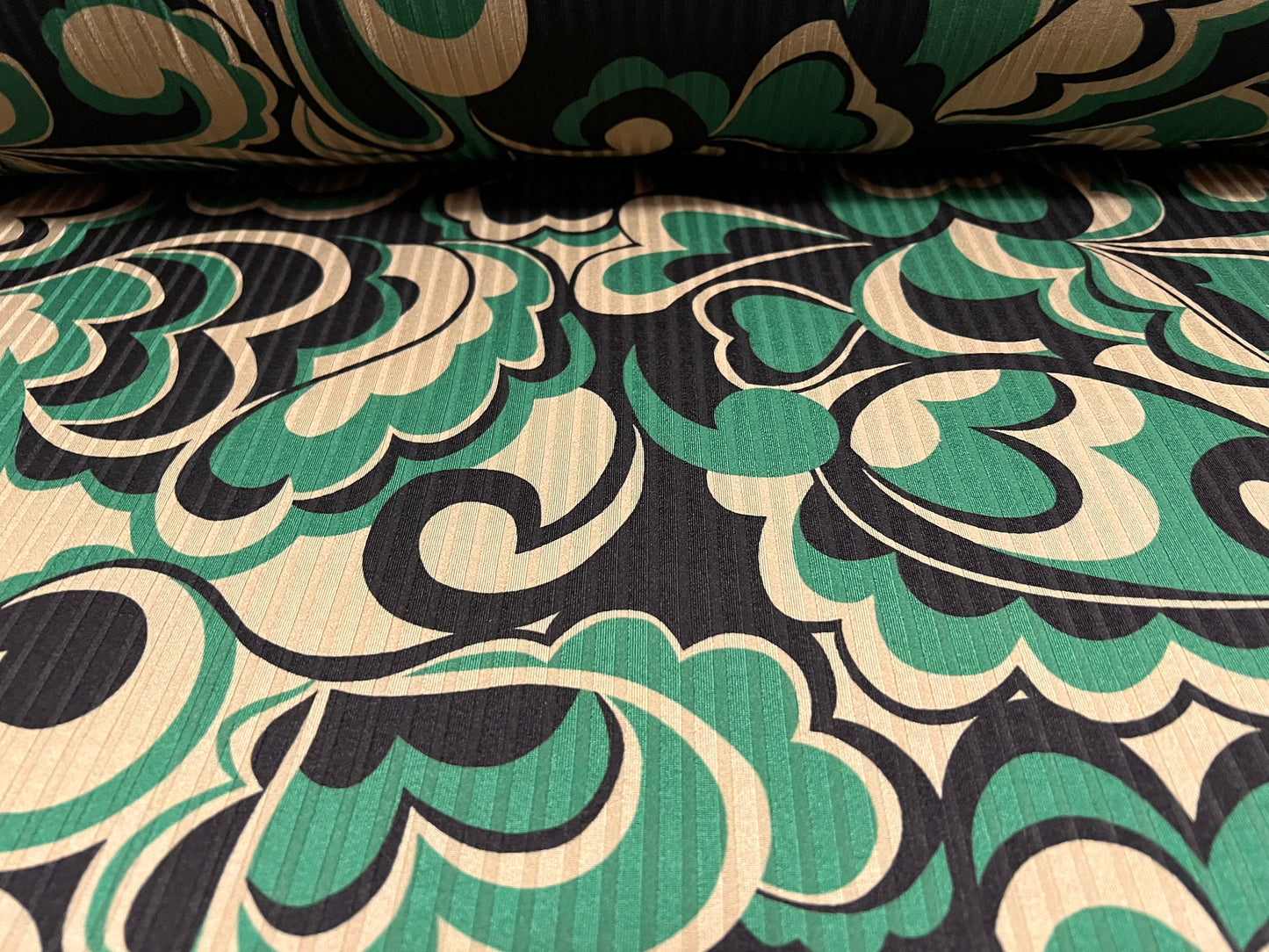 Recycled Spandex rib stretch jersey fabric, per metre - retro flower print - green & tan