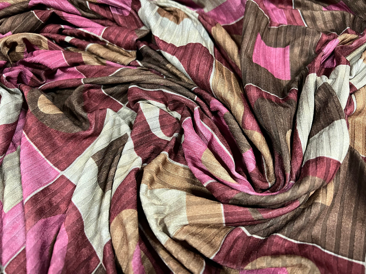 Recycled Spandex rib stretch jersey fabric, per metre - geometric squares print - magenta
