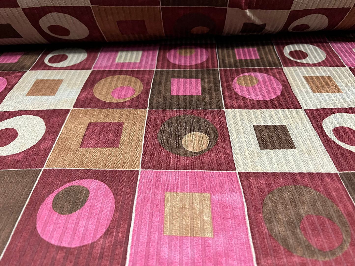 Recycled Spandex rib stretch jersey fabric, per metre - geometric squares print - magenta