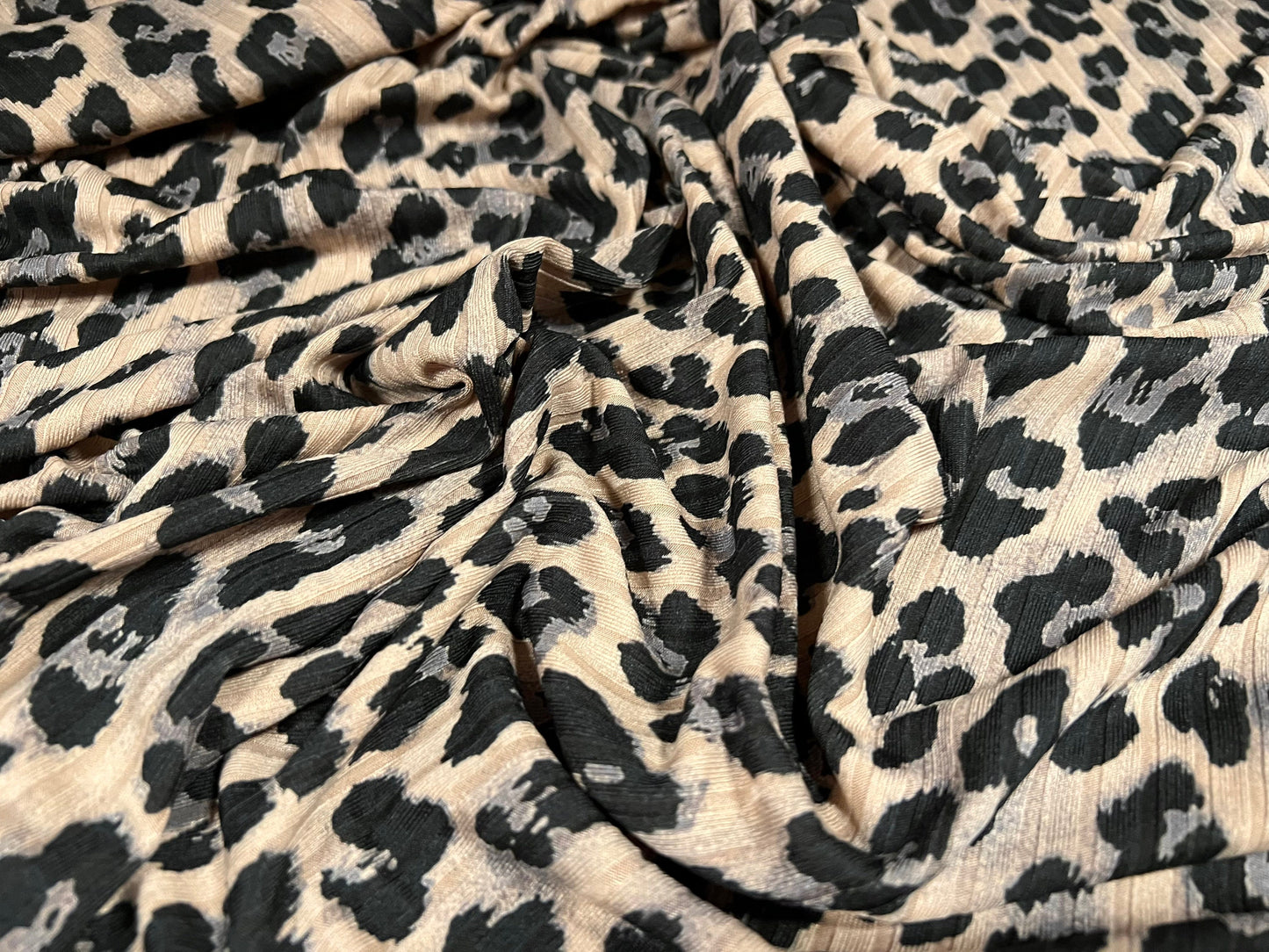 Recycled Spandex rib stretch jersey fabric, per metre - leopardskin animal print - beige black grey