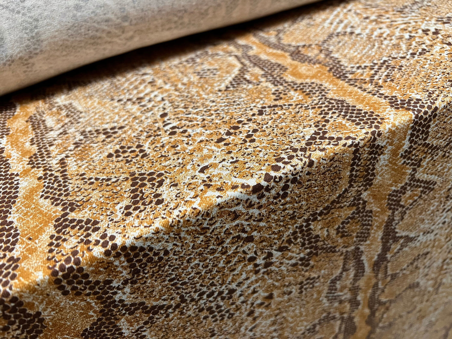 Viscose spandex stretch single jersey fabric, per metre - snakeskin animal print - honey