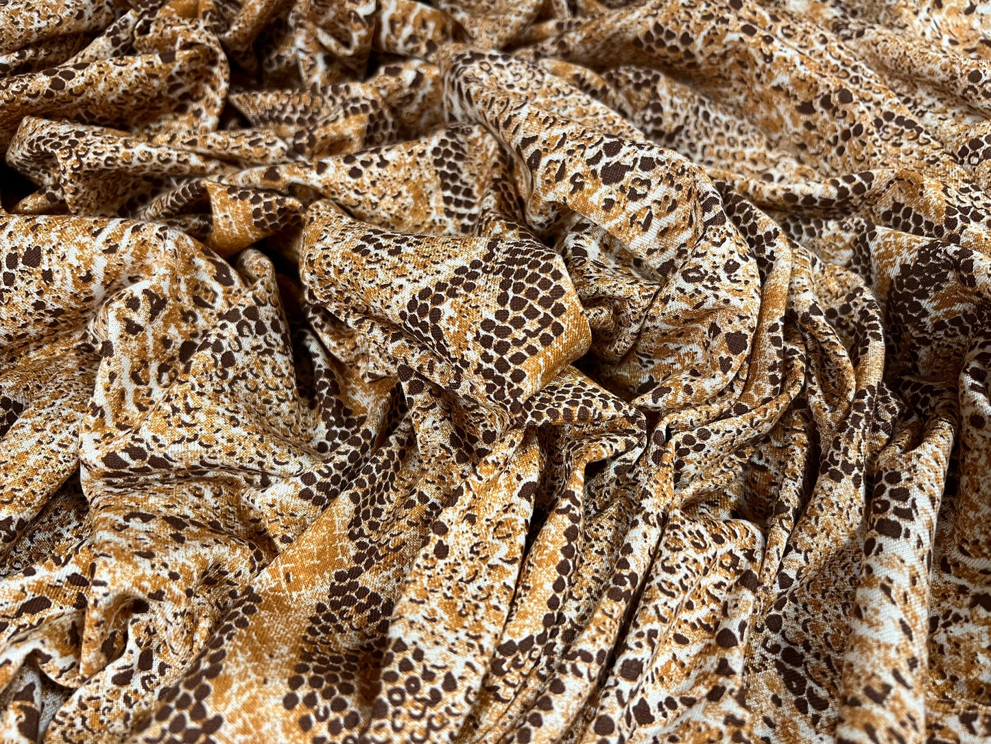 Viscose spandex stretch single jersey fabric, per metre - snakeskin animal print - honey