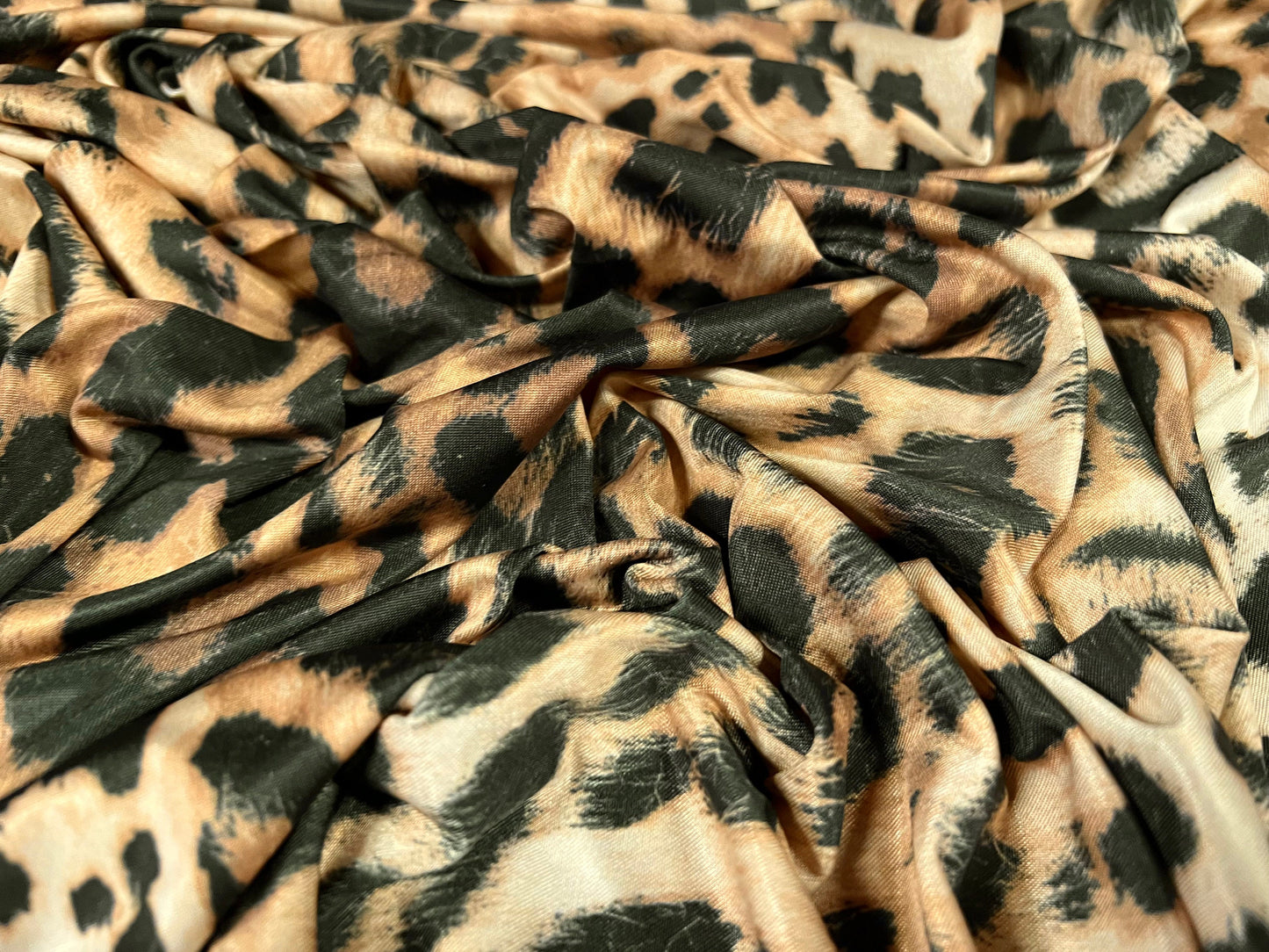 Soft touch stretch spandex single jersey fabric, per metre - leopardskin animal print - beige gold