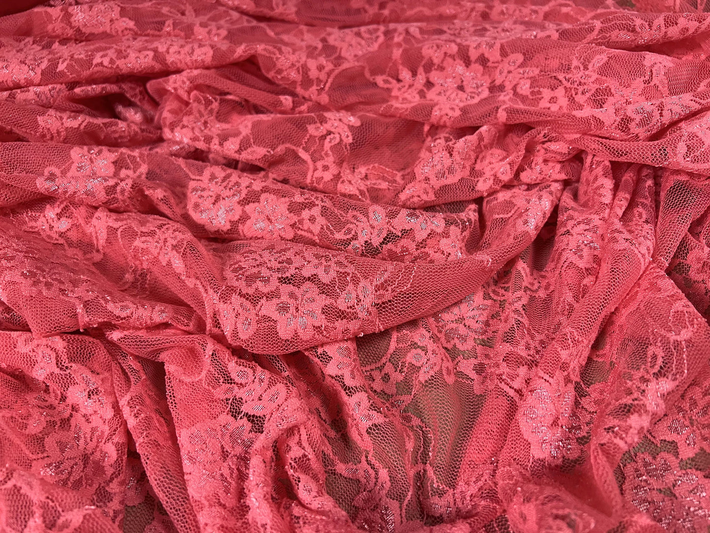 Stretch spandex mesh lace fabric, per metre - floral design - coral