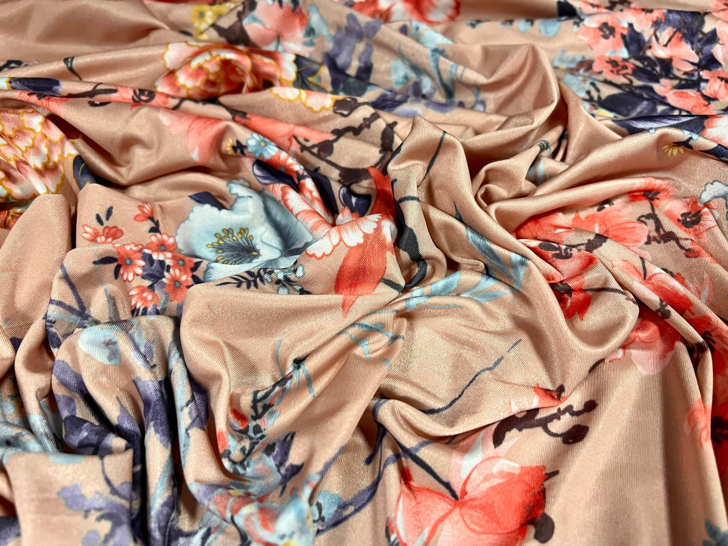 Soft touch stretch spandex single jersey fabric, per metre - flower print - peach pink & turquoise