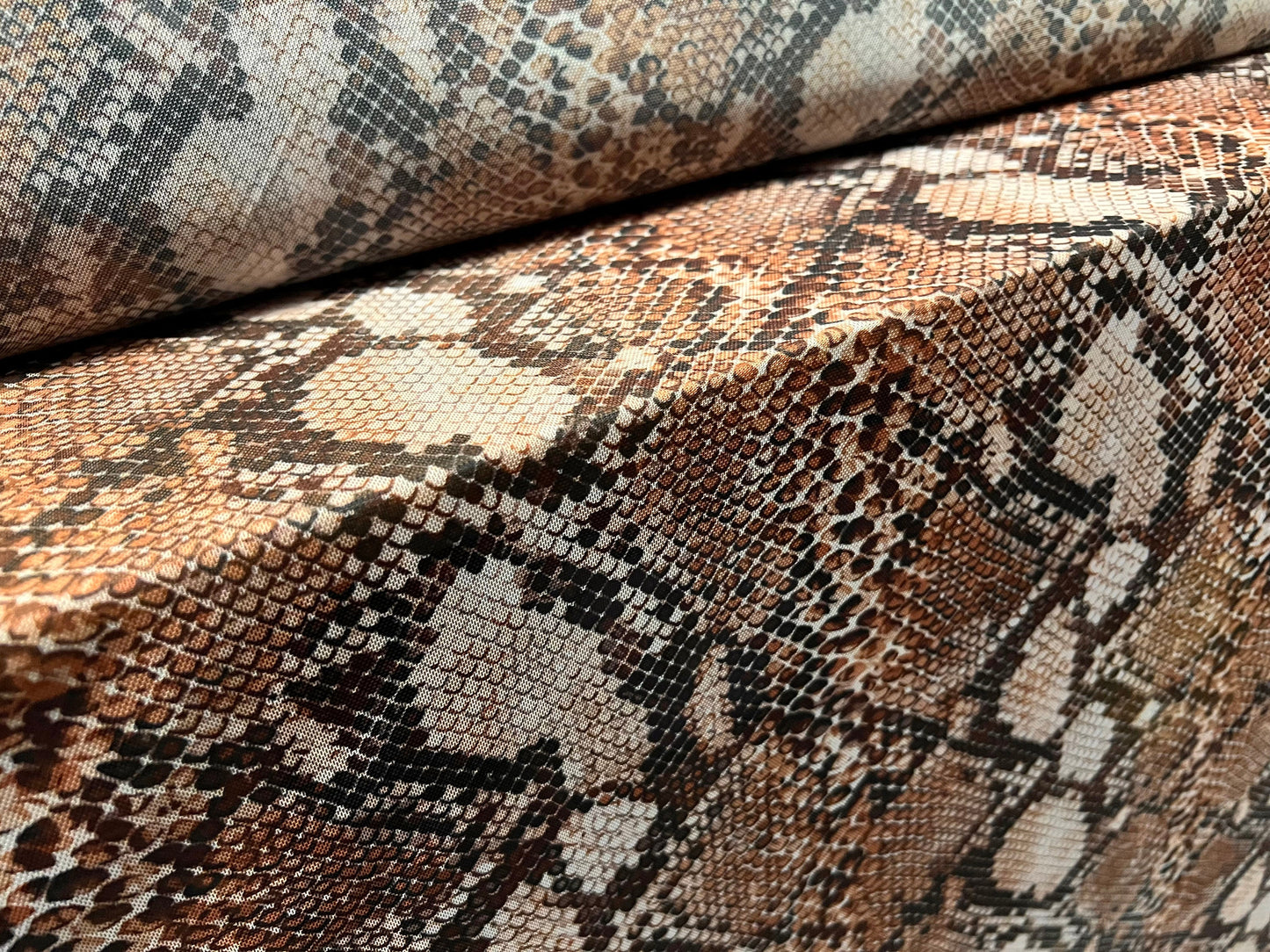 Power mesh net stretch spandex fabric, per metre - snakeskin animal print - brown