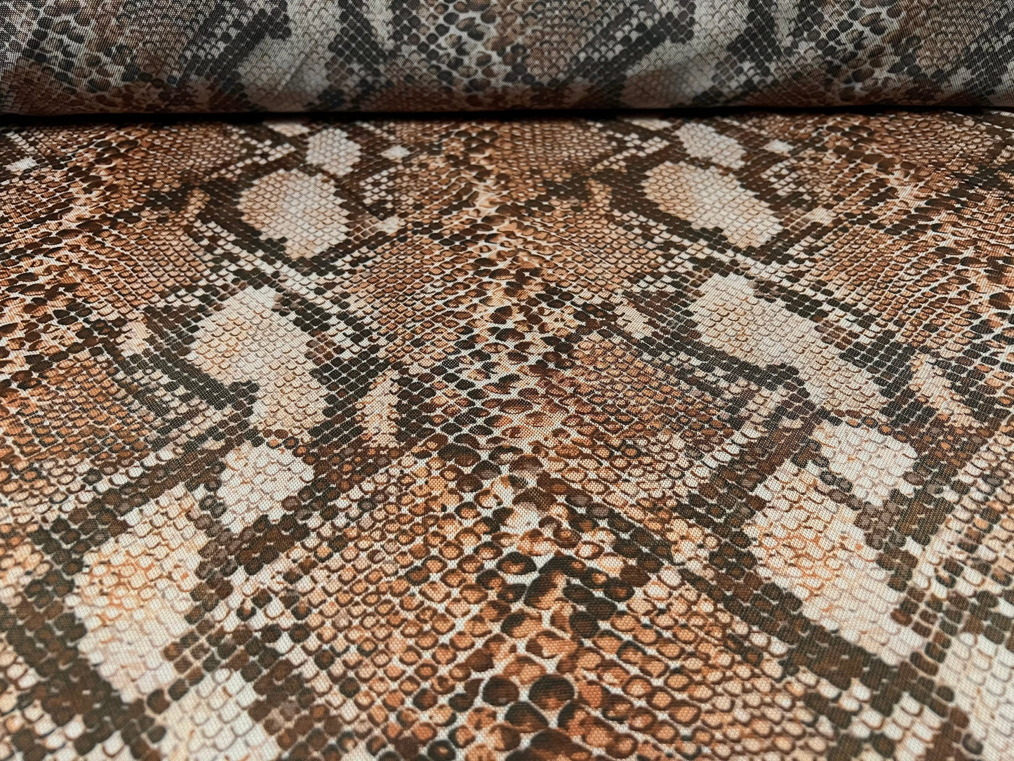 Power mesh net stretch spandex fabric, per metre - snakeskin animal print - brown