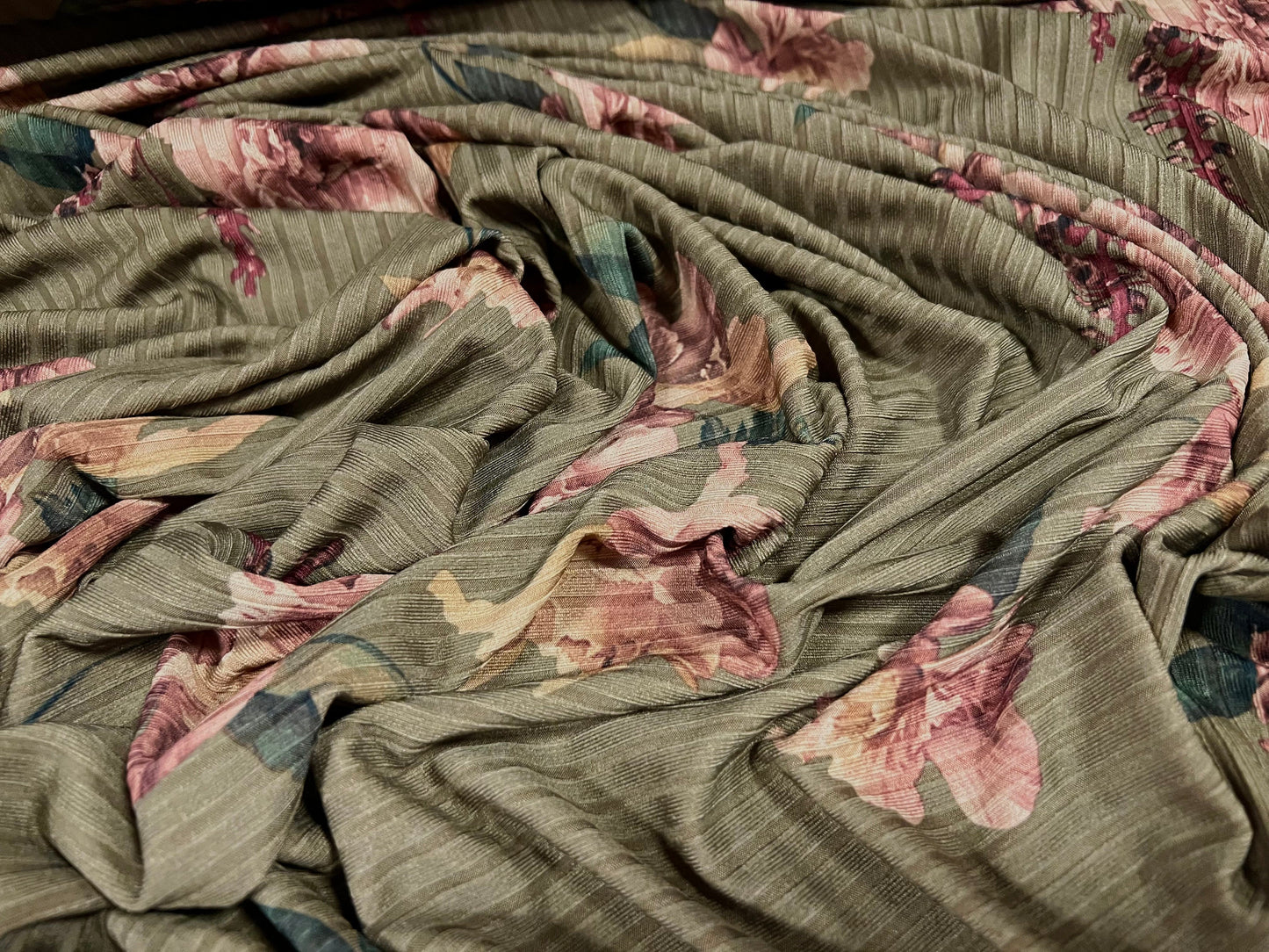 Recycled Spandex rib stretch jersey fabric, per metre - rose flower print - khaki green