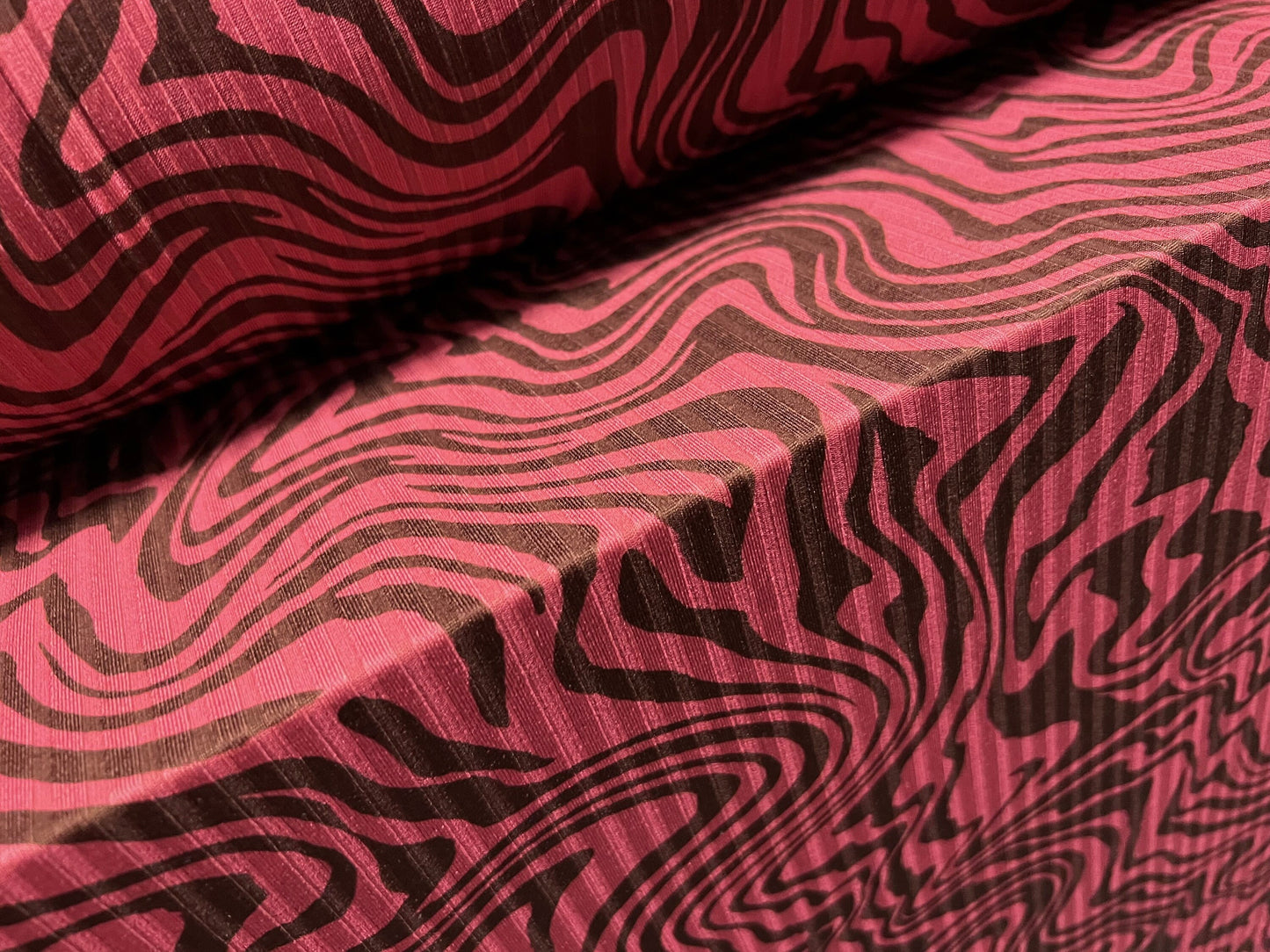 Stretch spandex rib jersey fabric, per metre - retro swirl print - pink