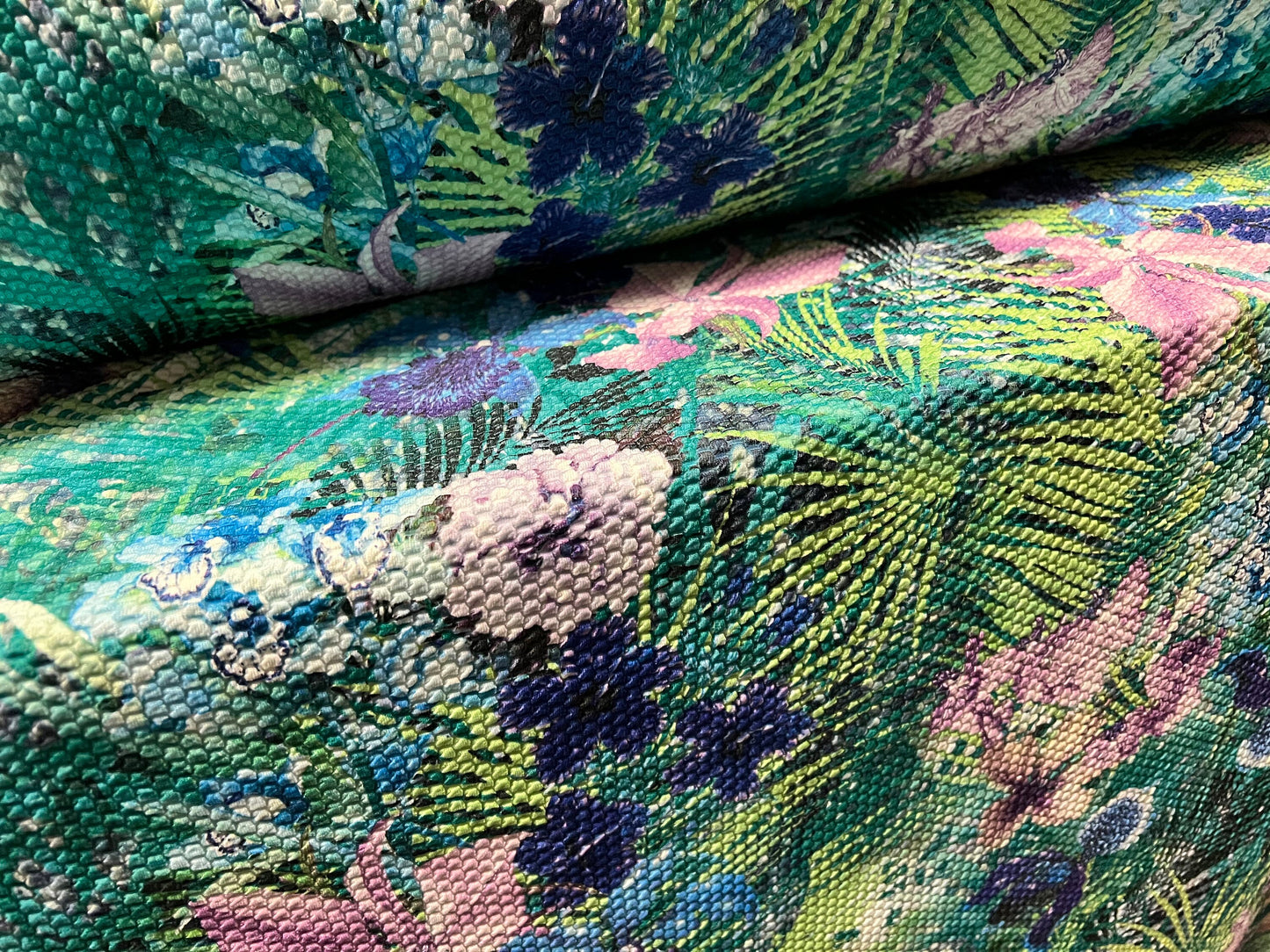 Honeycomb jacquard stretch double jersey fabric, per metre - leaves & flowers print - green blue