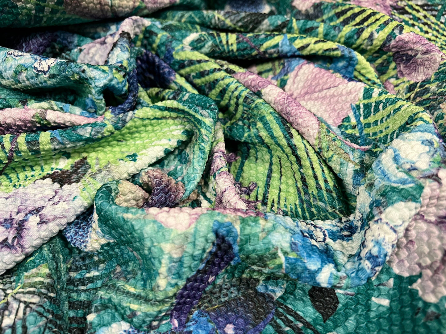 Honeycomb jacquard stretch double jersey fabric, per metre - leaves & flowers print - green blue