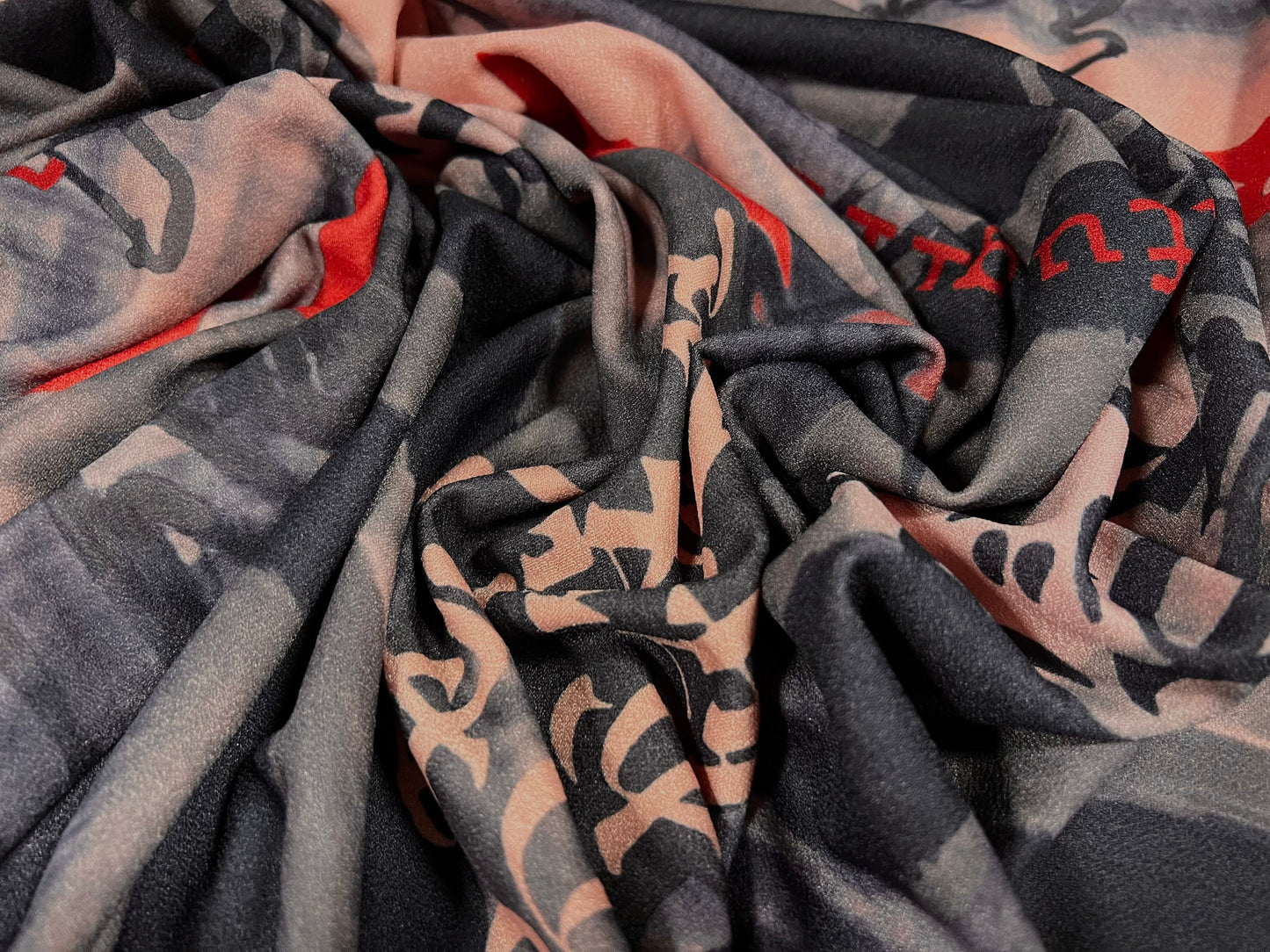 Valentino crepe spandex jersey fabric - similar to scuba - per metre - Japanese symbols beautiful girl print - dusky pink