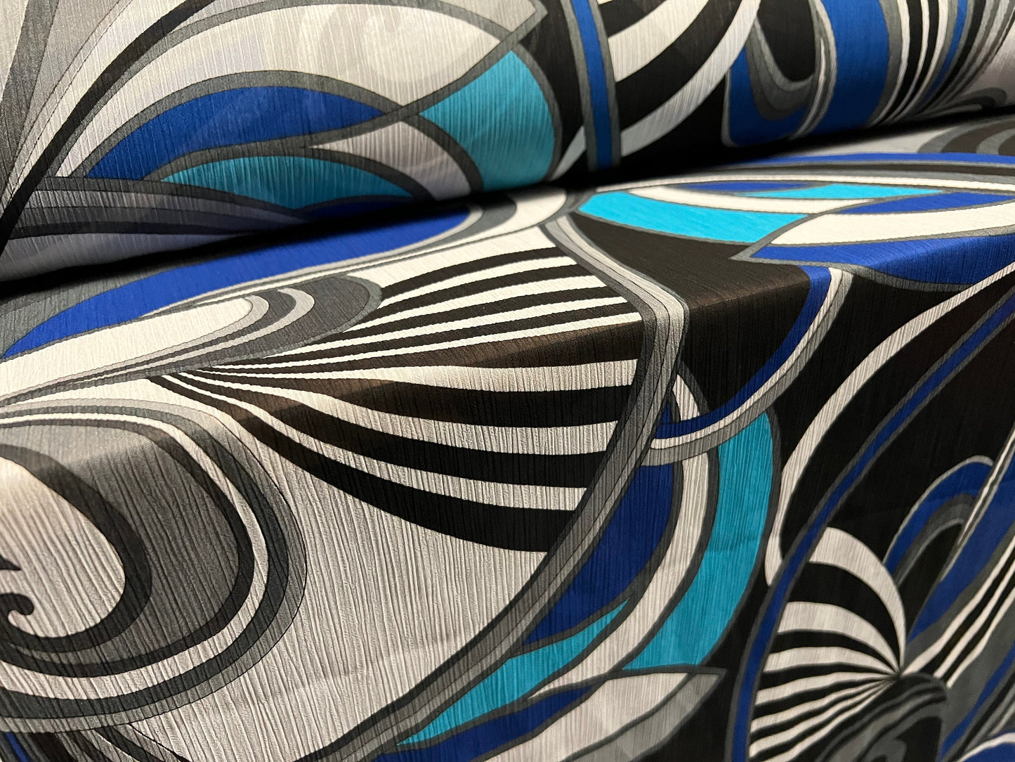 Printed chiffon yoryu dress blouse fabric, per metre - retro swirl print - turquoise blue & black