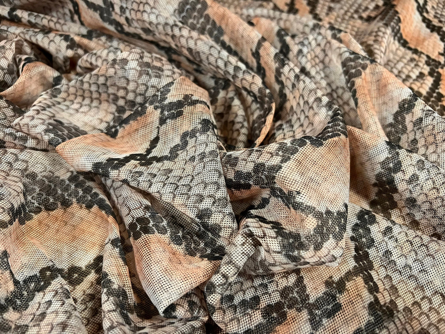Power mesh net stretch spandex fabric, per metre - snakeskin animal print - peach & brown