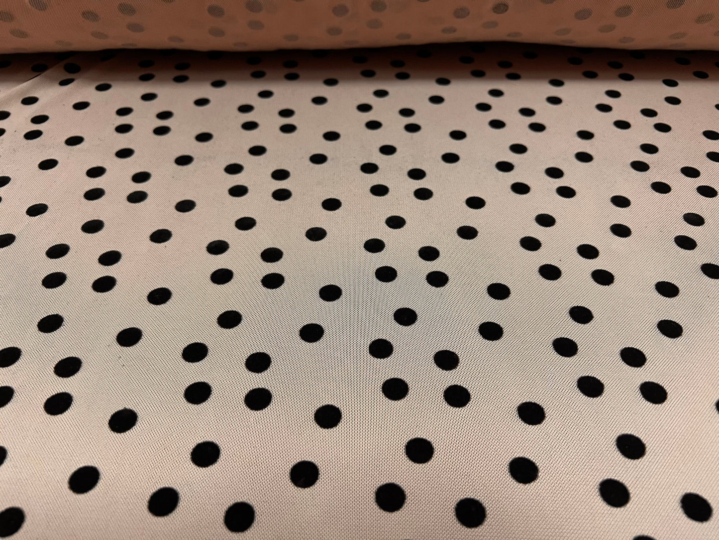 Power mesh net stretch spandex fabric, per metre - Polka dot flock print - nude & black