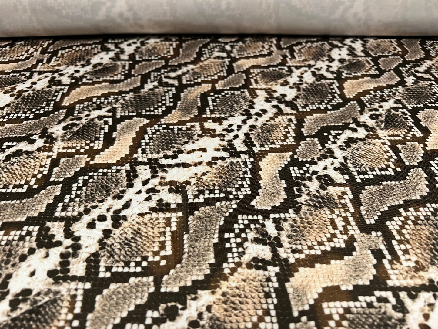 Scuba stretch spandex jersey neoprene style fabric, per metre - snakeskin bias print - Olive & beige