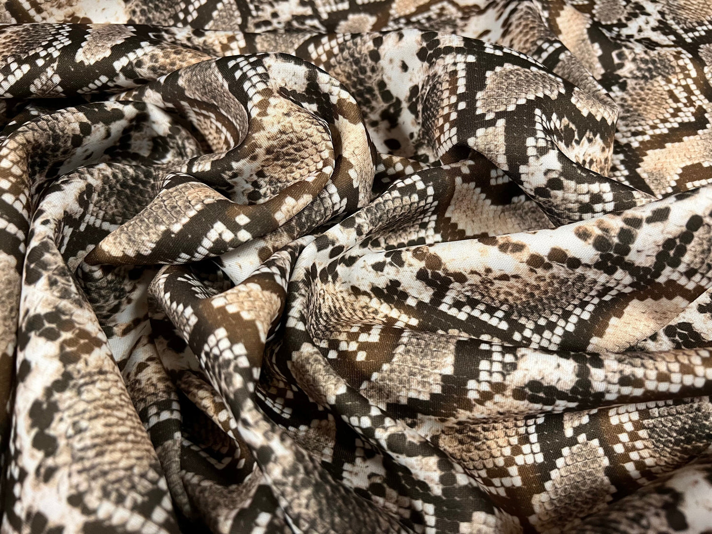 Scuba stretch spandex jersey neoprene style fabric, per metre - snakeskin bias print - Olive & beige