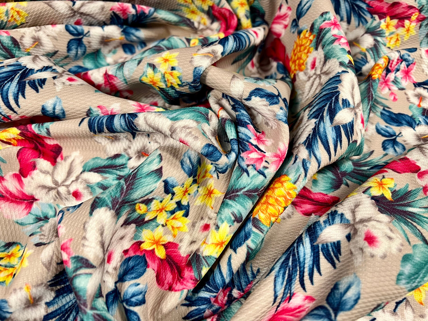 Micro jacquard stretch spandex jersey fabric, per metre - Hawaiian garden print - multicolour