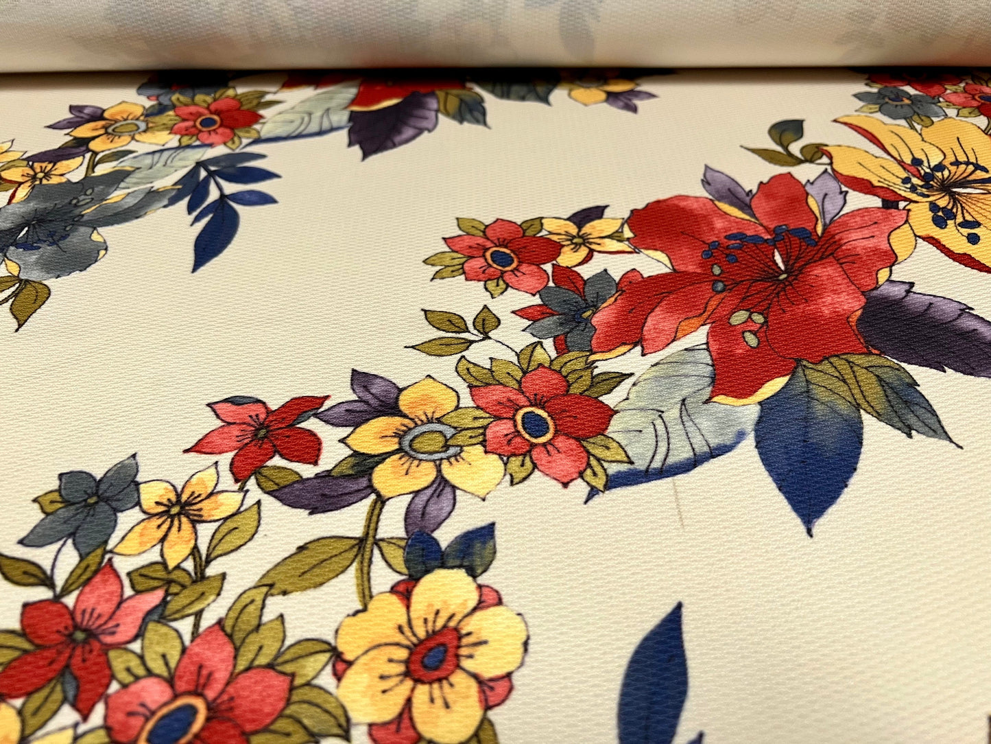 Micro jacquard stretch spandex jersey fabric, per metre - Trailing Flowers print - cream
