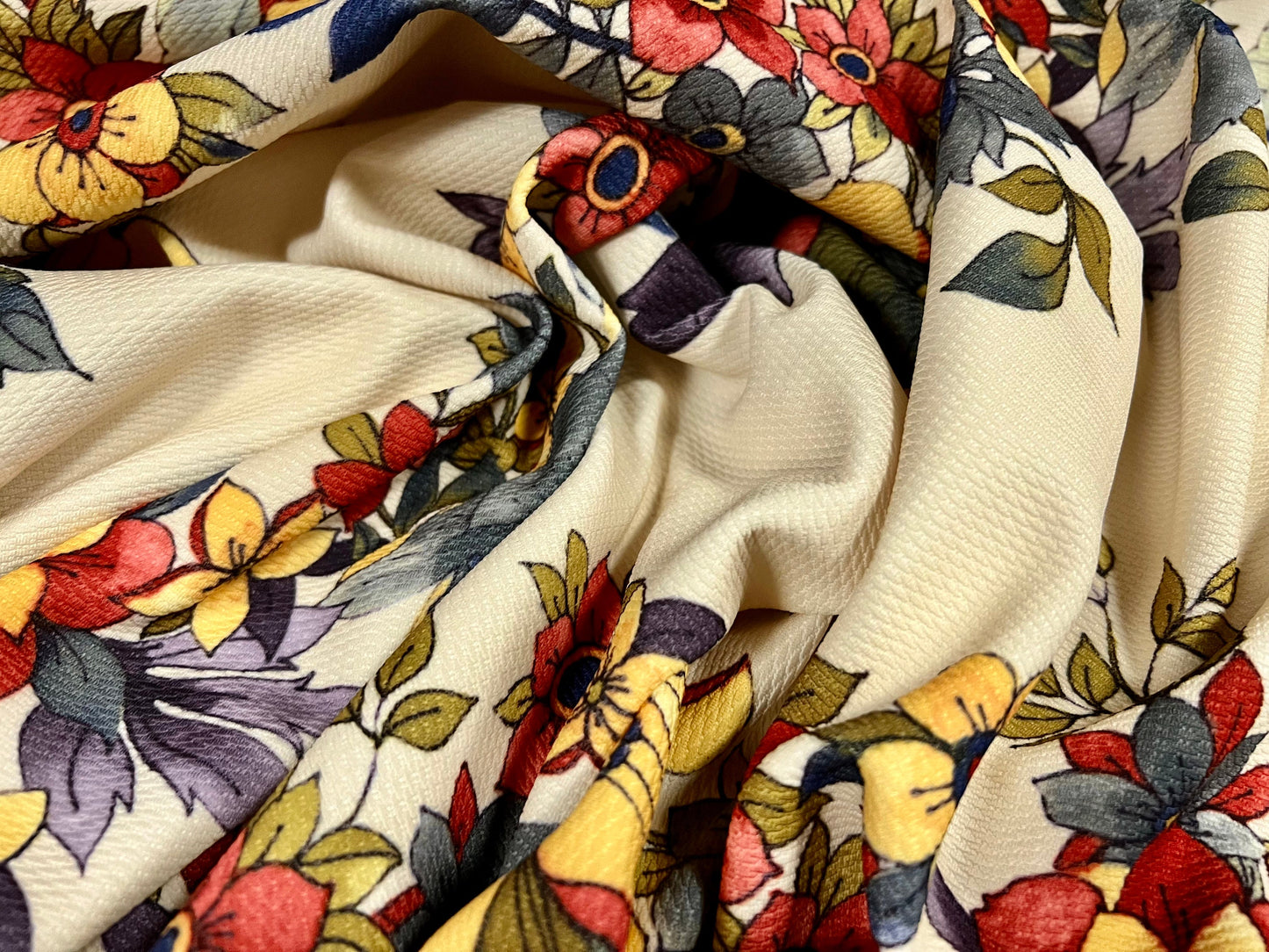 Micro jacquard stretch spandex jersey fabric, per metre - Trailing Flowers print - cream