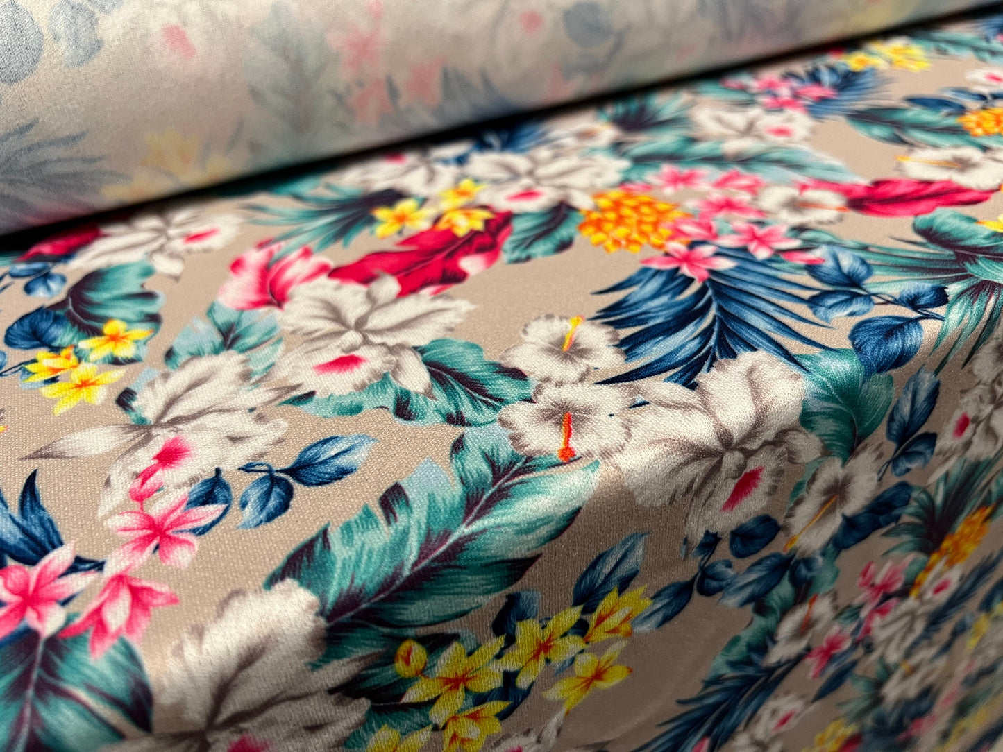Crepe single jersey fabric, per metre - Hawaiian Garden print - grey with multicolour flowers