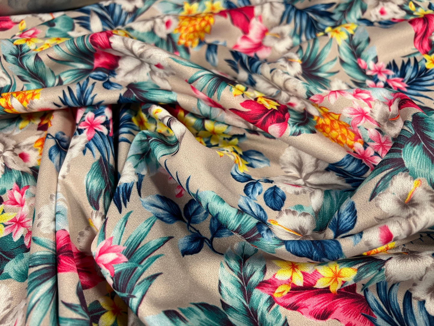 Crepe single jersey fabric, per metre - Hawaiian Garden print - grey with multicolour flowers