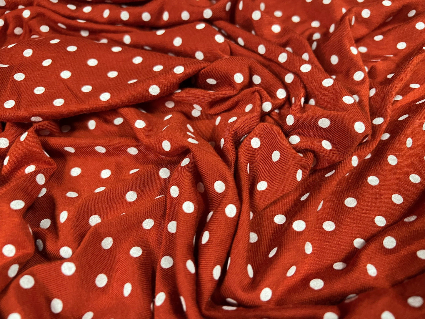Viscose spandex stretch single jersey fabric, per metre - polka dot print - terracotta