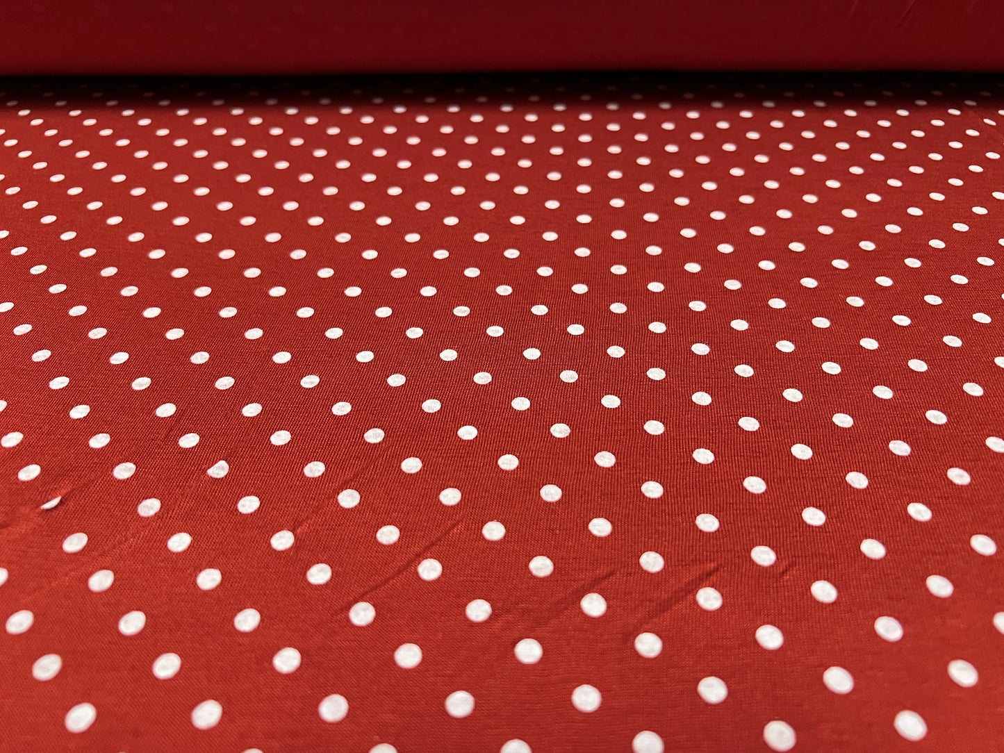 Viscose spandex stretch single jersey fabric, per metre - polka dot print - terracotta