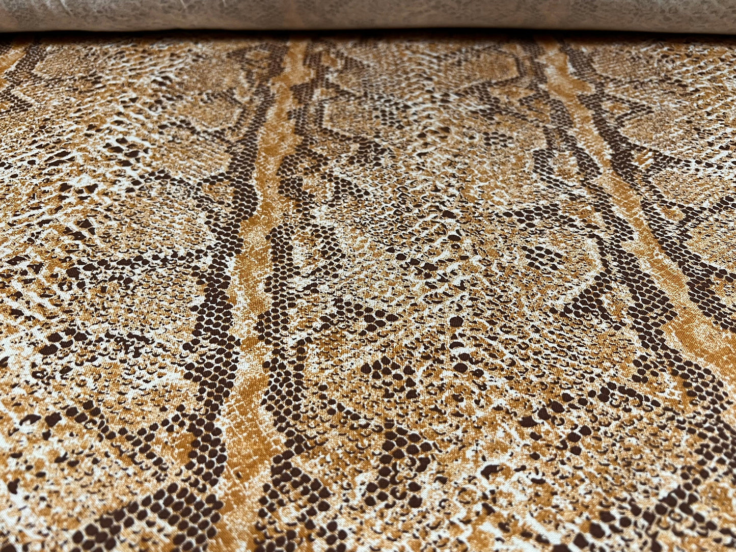 Viscose spandex stretch single jersey fabric, per metre - snakeskin animal print - honey