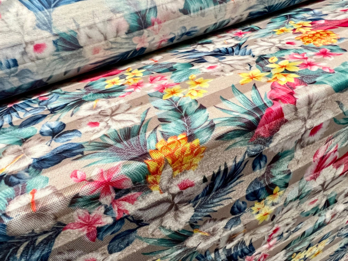 Viscose Burnout stripe single jersey fabric, per metre - Hawaiian Garden print - grey with multicolour flowers