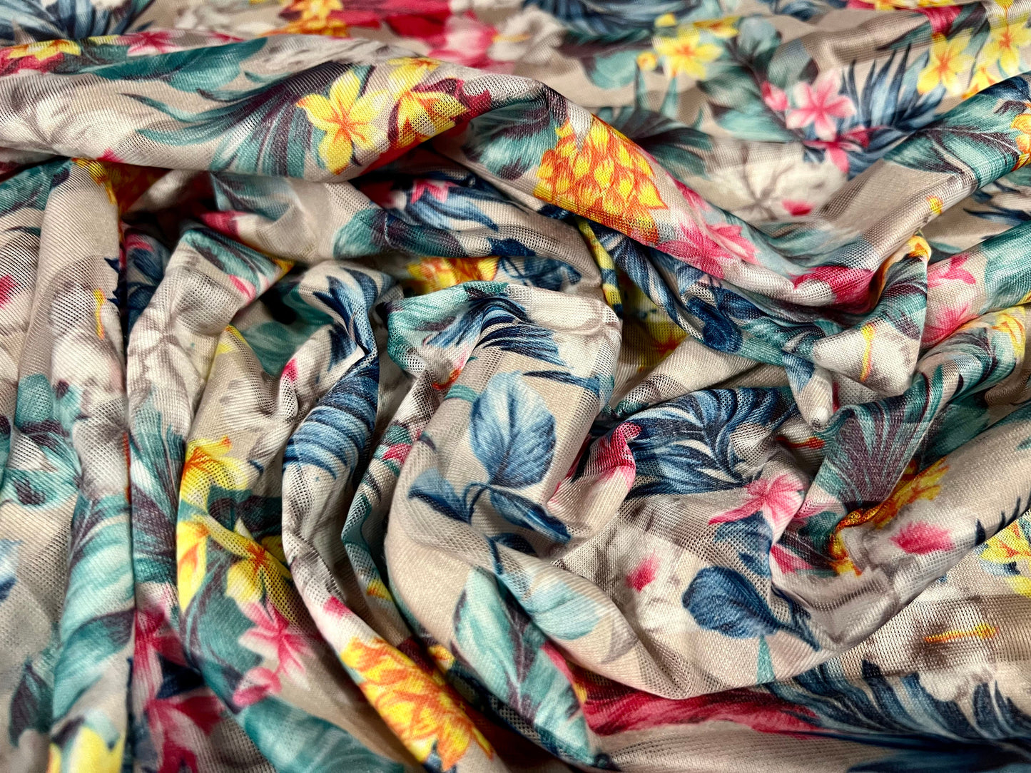 Viscose Burnout stripe single jersey fabric, per metre - Hawaiian Garden print - grey with multicolour flowers