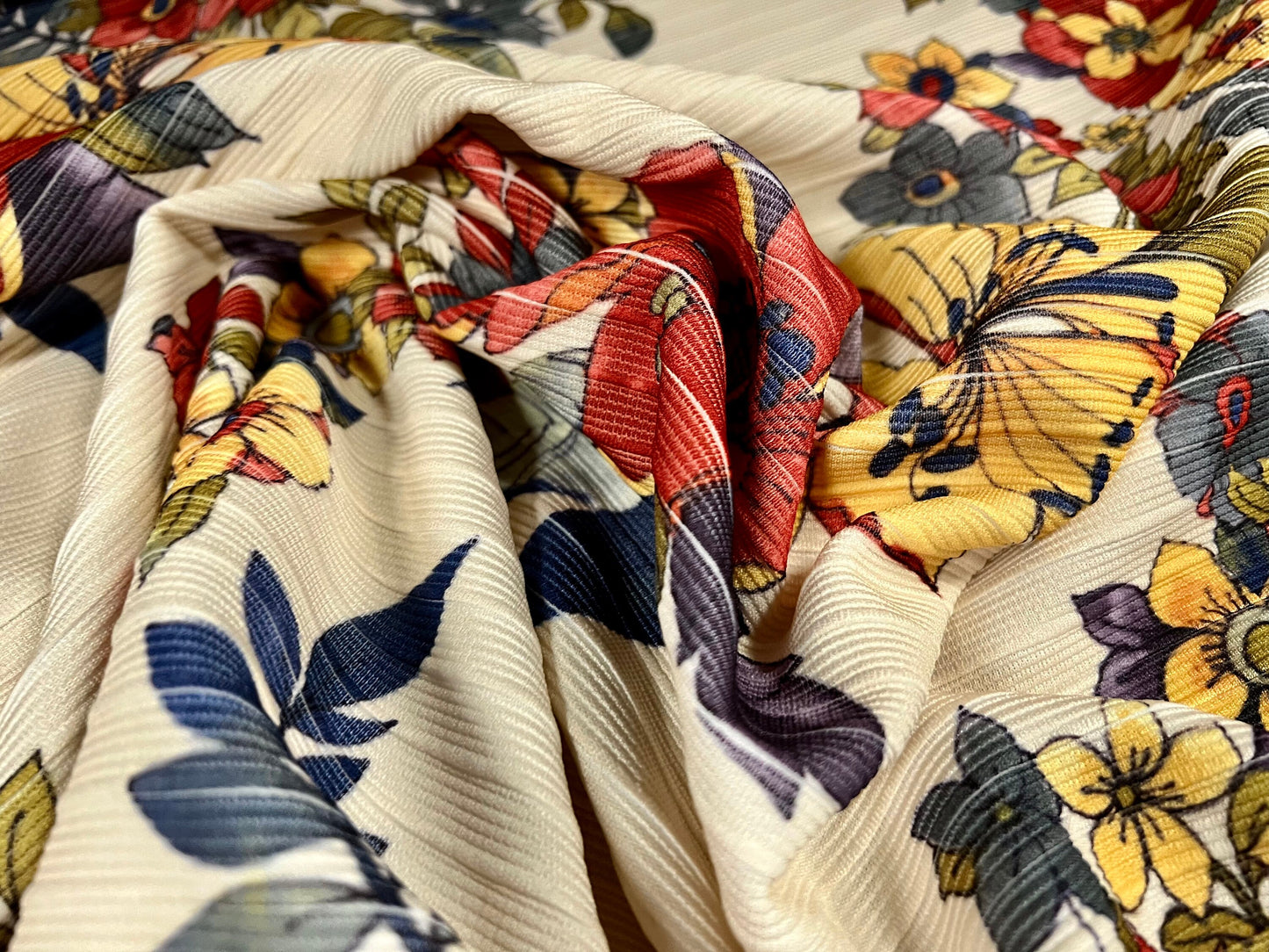 Stretch Spandex Ottoman Rib Jersey Fabric, Per Metre - Trailing Flowers print - cream with multicolour flowers
