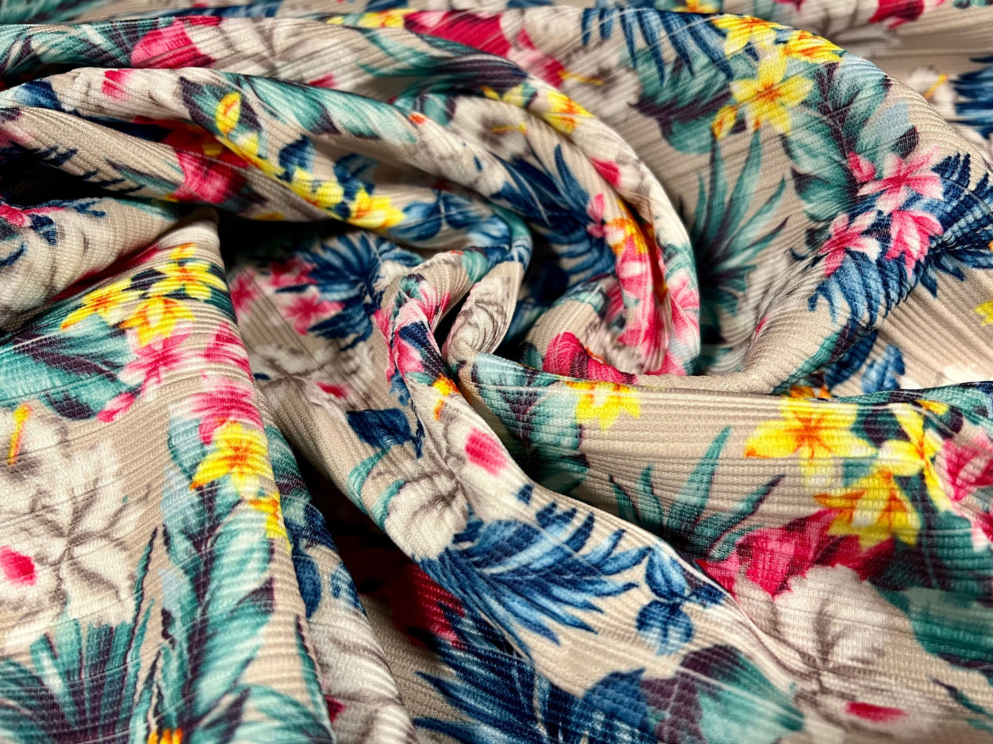 Stretch Spandex Ottoman Rib Jersey Fabric, Per Metre - Hawaiian Garden print - grey with multicolour flowers