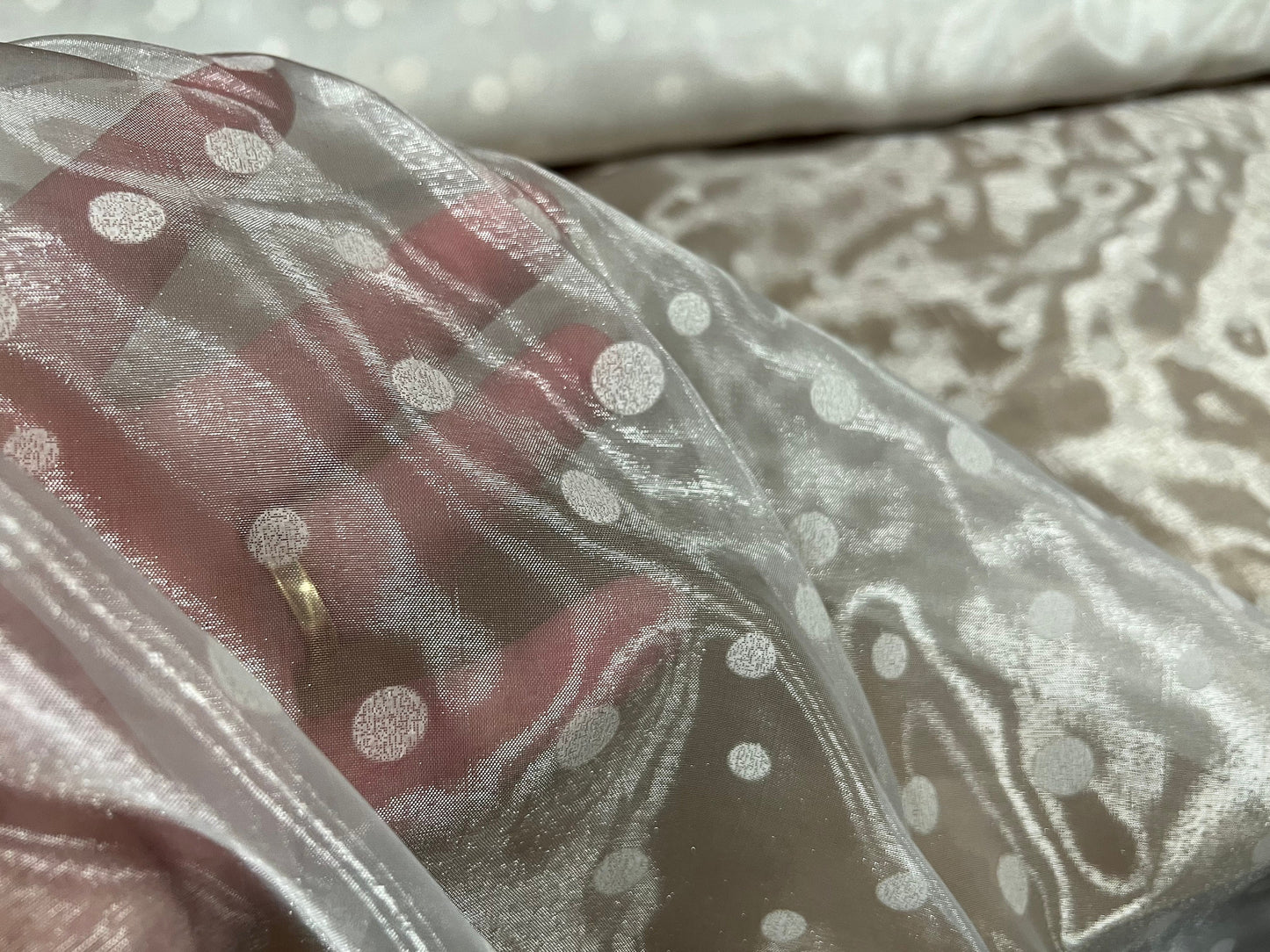 Crystal organza lightweight woven shimmer fabric, per metre - spotted design - ivory