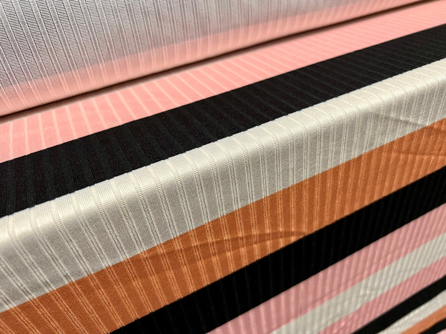 Stretch spandex rib jersey fabric, per metre - pink apricot & black block stripe