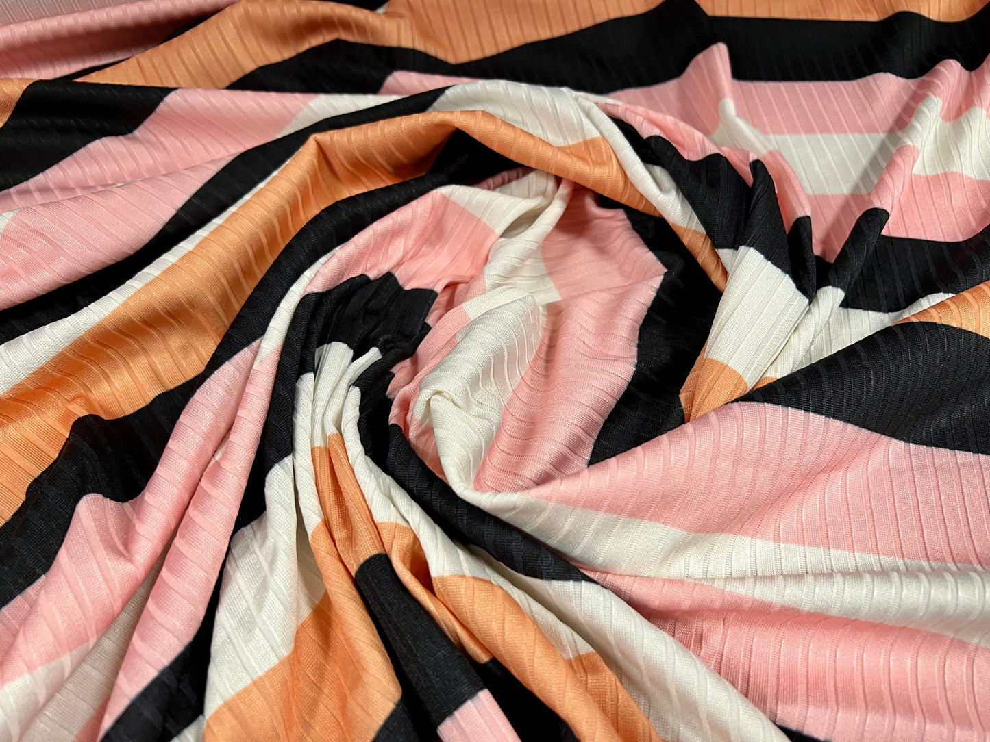 Stretch spandex rib jersey fabric, per metre - pink apricot & black block stripe
