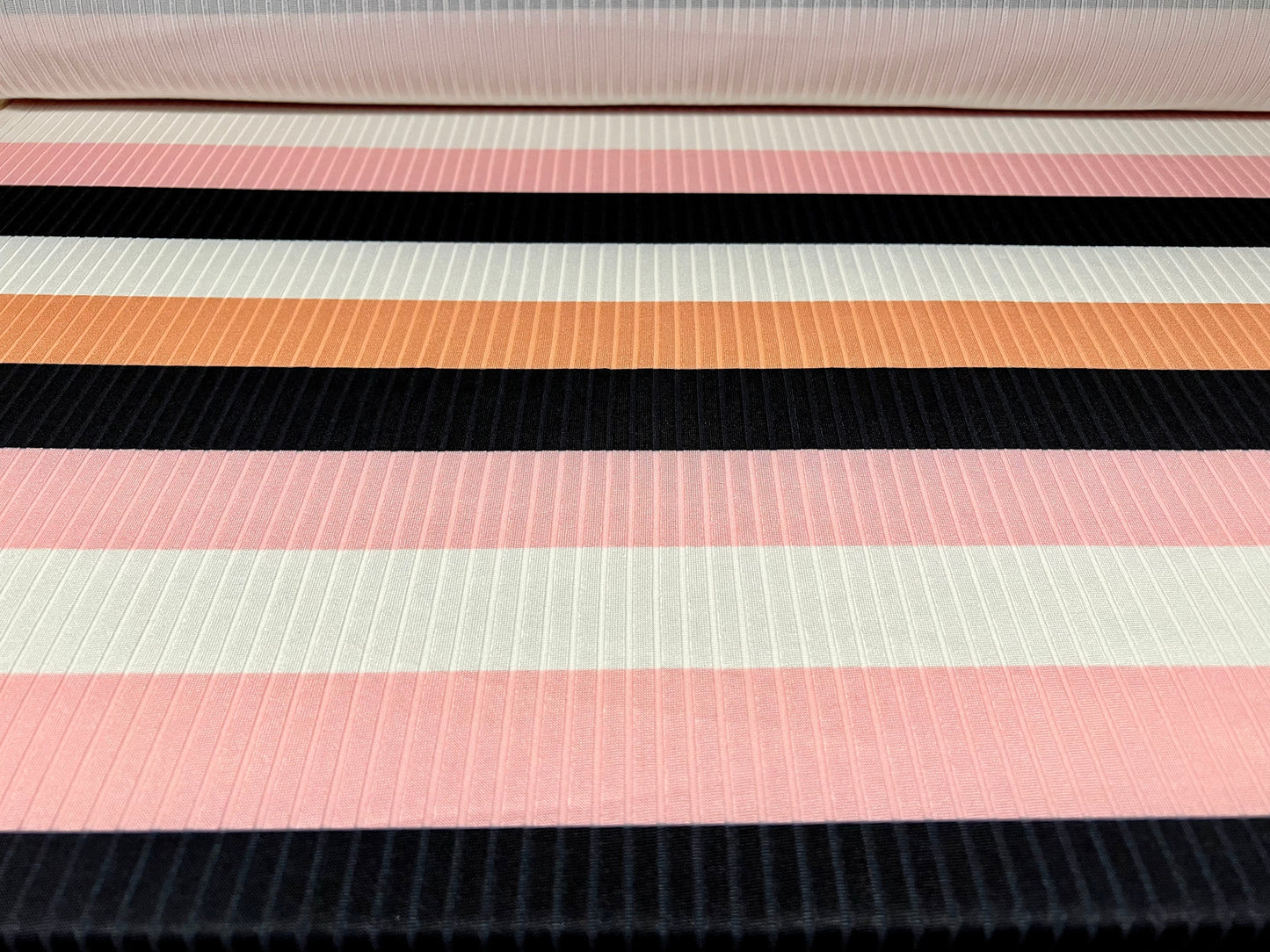Stretch spandex rib jersey fabric, per metre - pink apricot & black block stripe