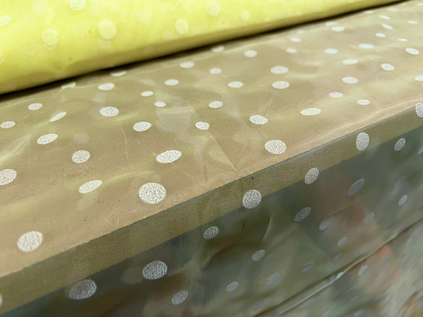 Crystal organza lightweight woven shimmer fabric, per metre - spotted design - lemon
