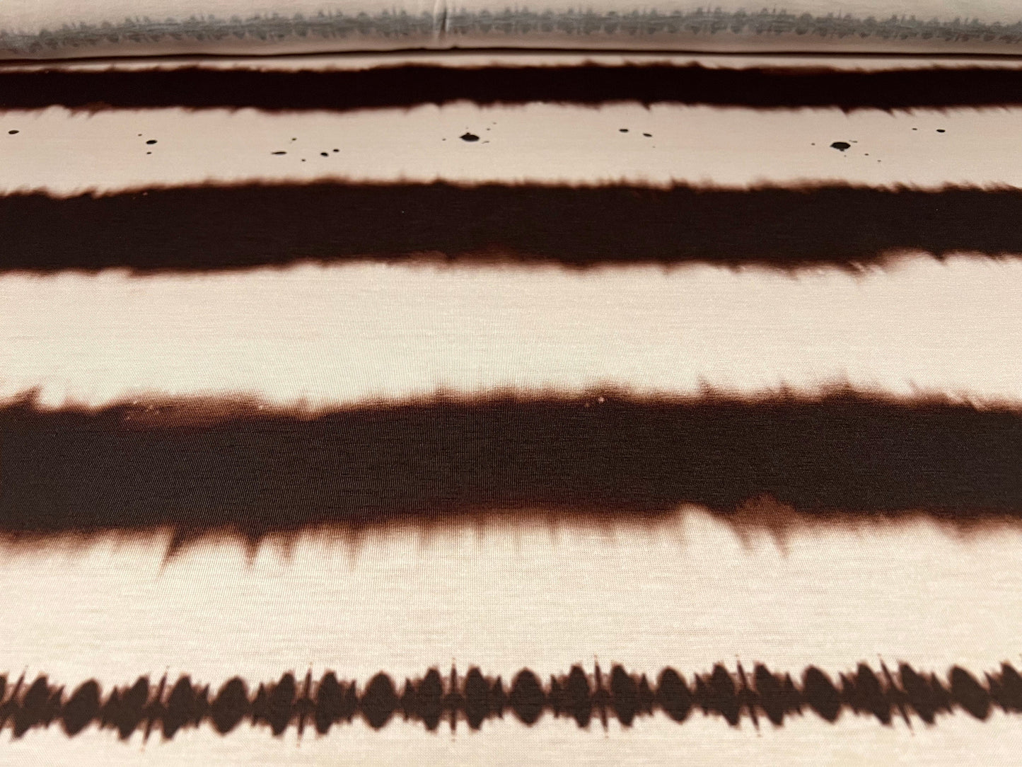 Soft handle single jersey dress fabric, per metre - Tie dye paint splatter print - cream & brown