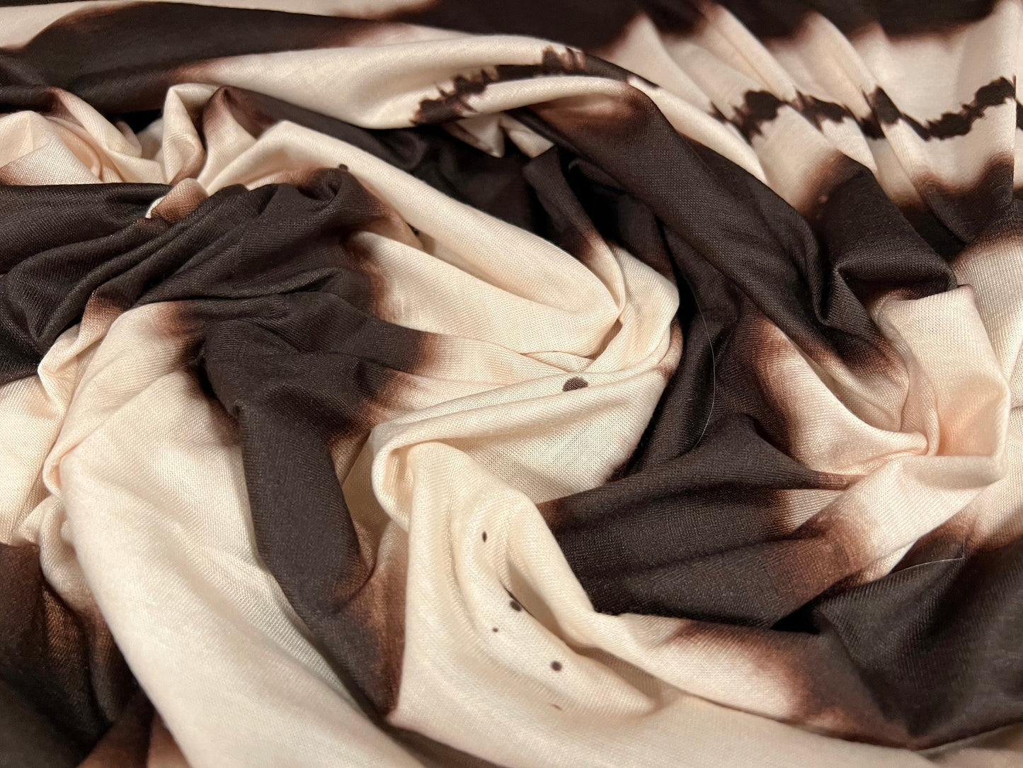 Soft handle single jersey dress fabric, per metre - Tie dye paint splatter print - cream & brown